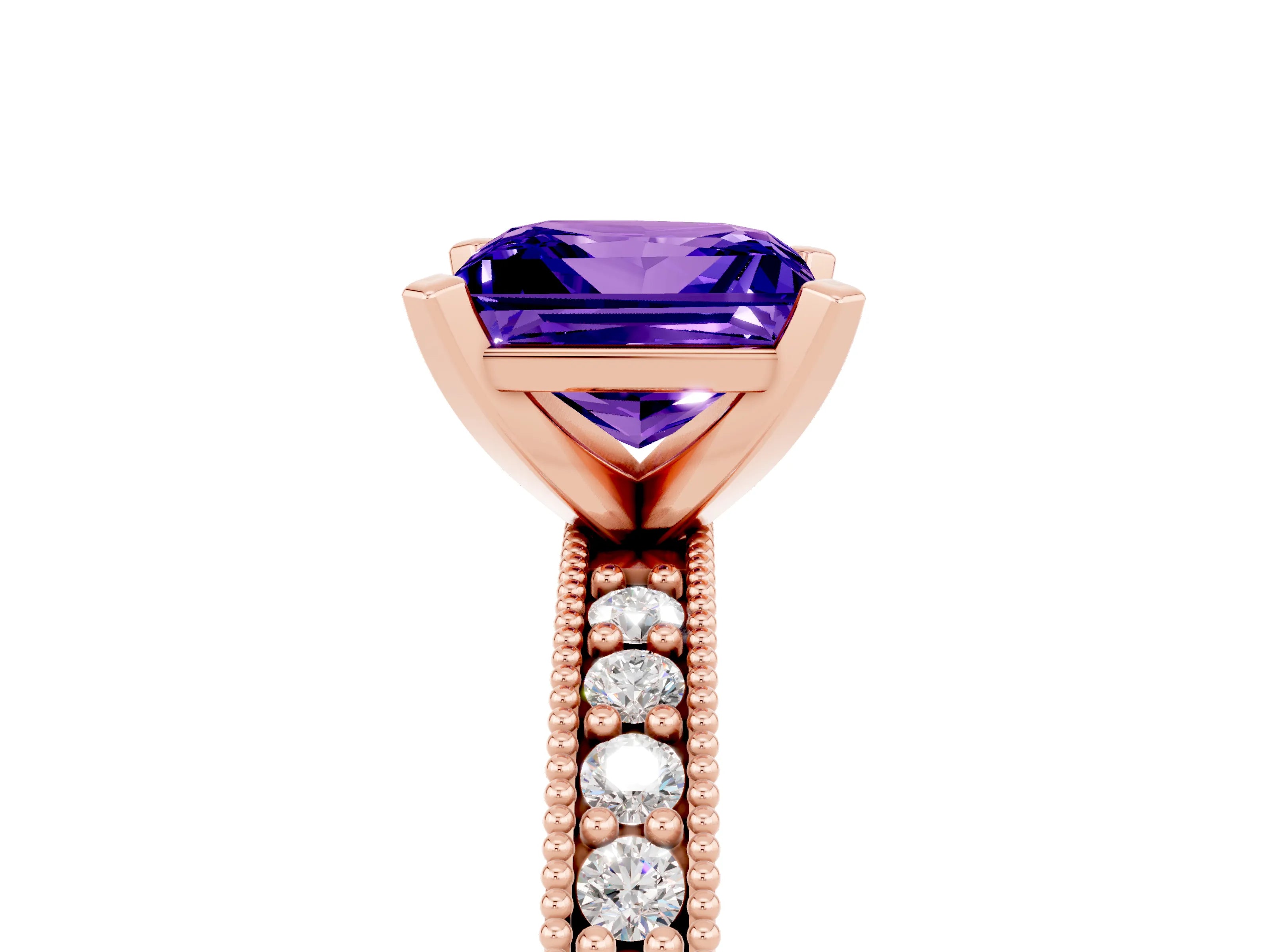 Rose gold Princess Cut Tanzanite Milgrain Pavé Engagement Ring with Four-Prong Setting_17