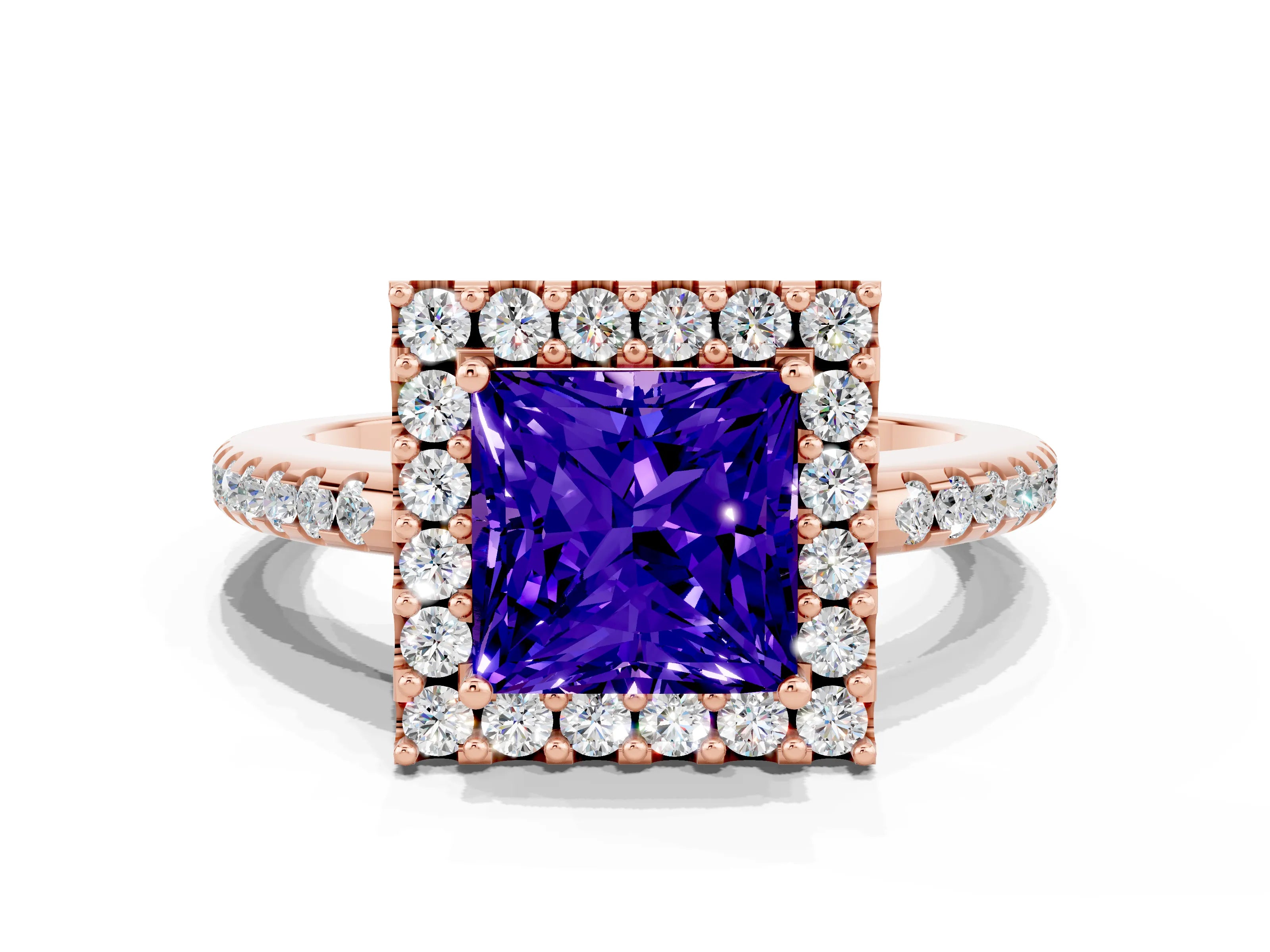 Rose gold Princess Cut Tanzanite Pavé Halo Ring with Four-Prong Setting_12