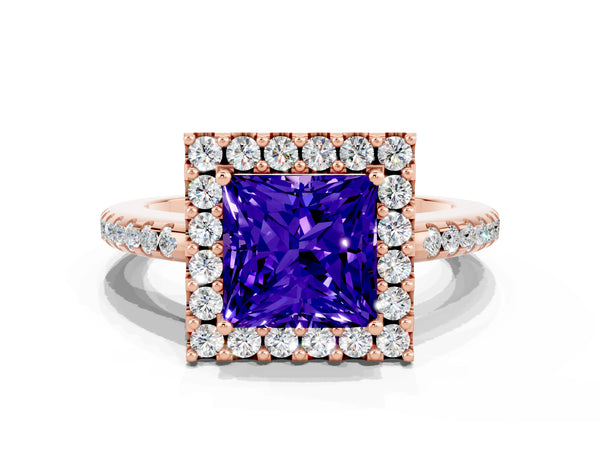 Rose gold Princess Cut Tanzanite Pavé Halo Ring with Four-Prong Setting