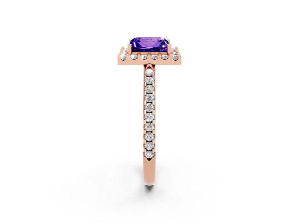Rose gold Princess Cut Tanzanite Pavé Halo Ring with Four-Prong Setting
