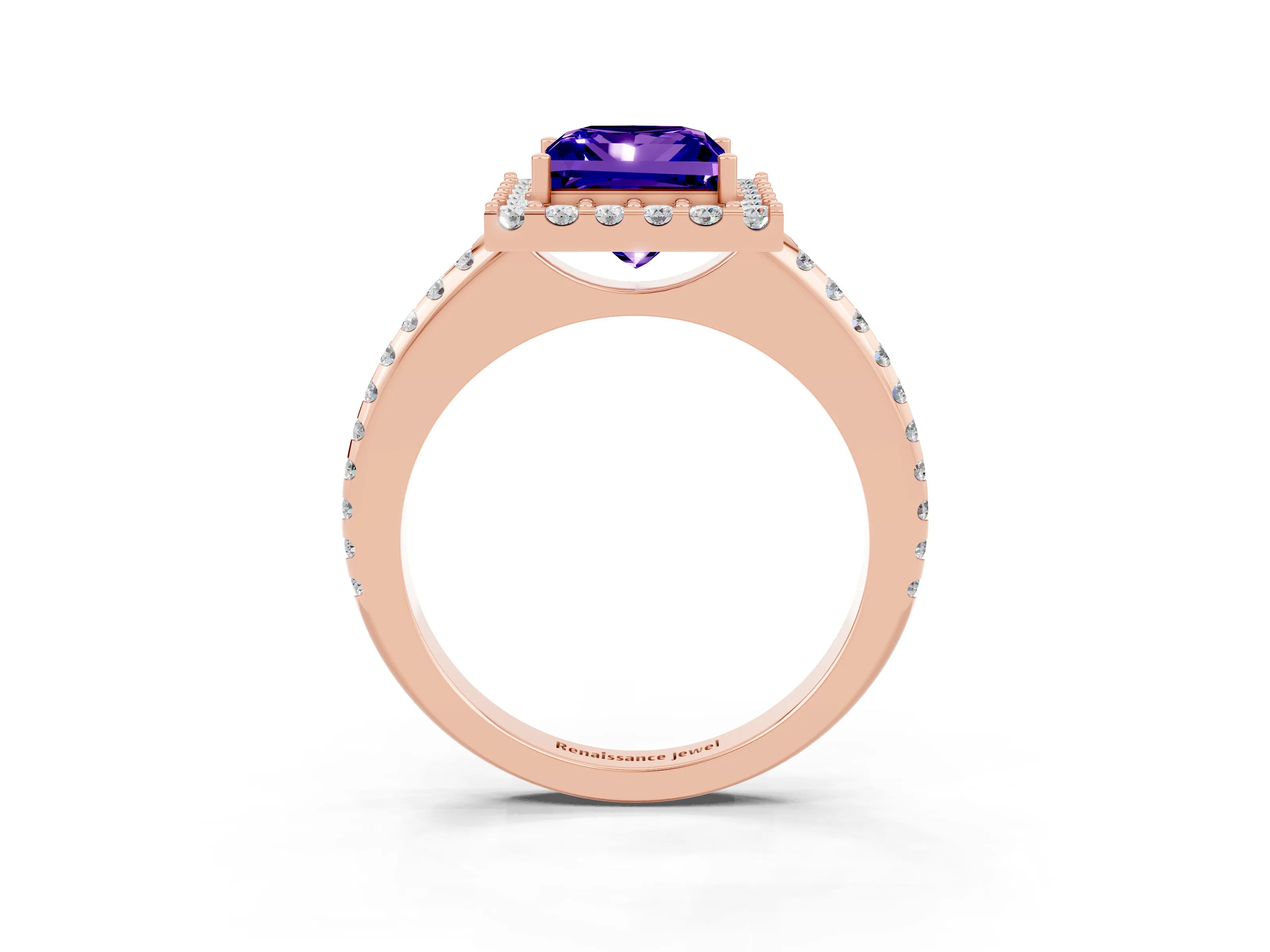 Rose gold Princess Cut Tanzanite Pavé Halo Ring with Four-Prong Setting_15