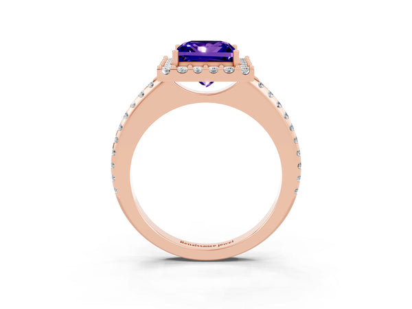 Rose gold Princess Cut Tanzanite Pavé Halo Ring with Four-Prong Setting