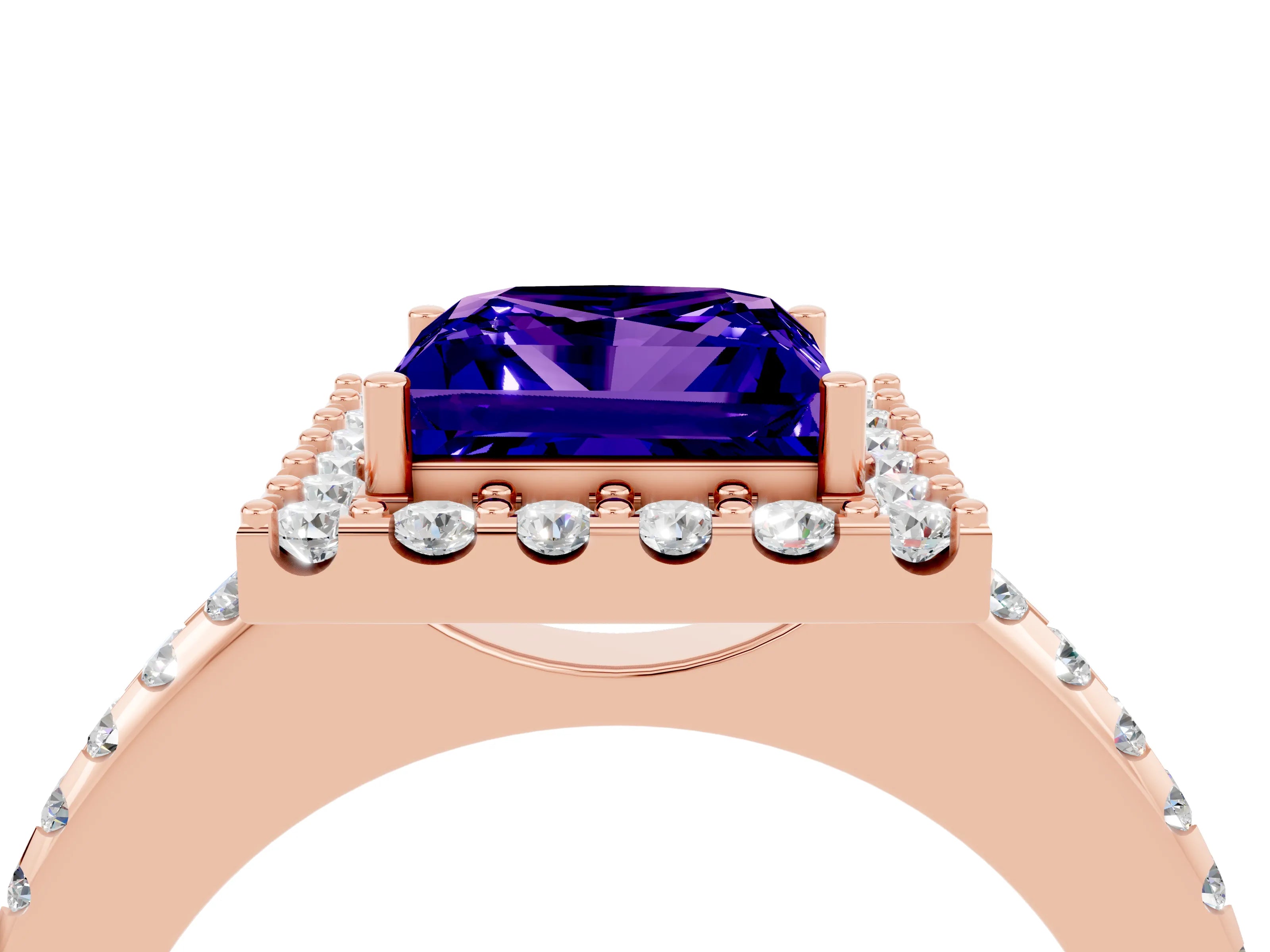 Rose gold Princess Cut Tanzanite Pavé Halo Ring with Four-Prong Setting_16