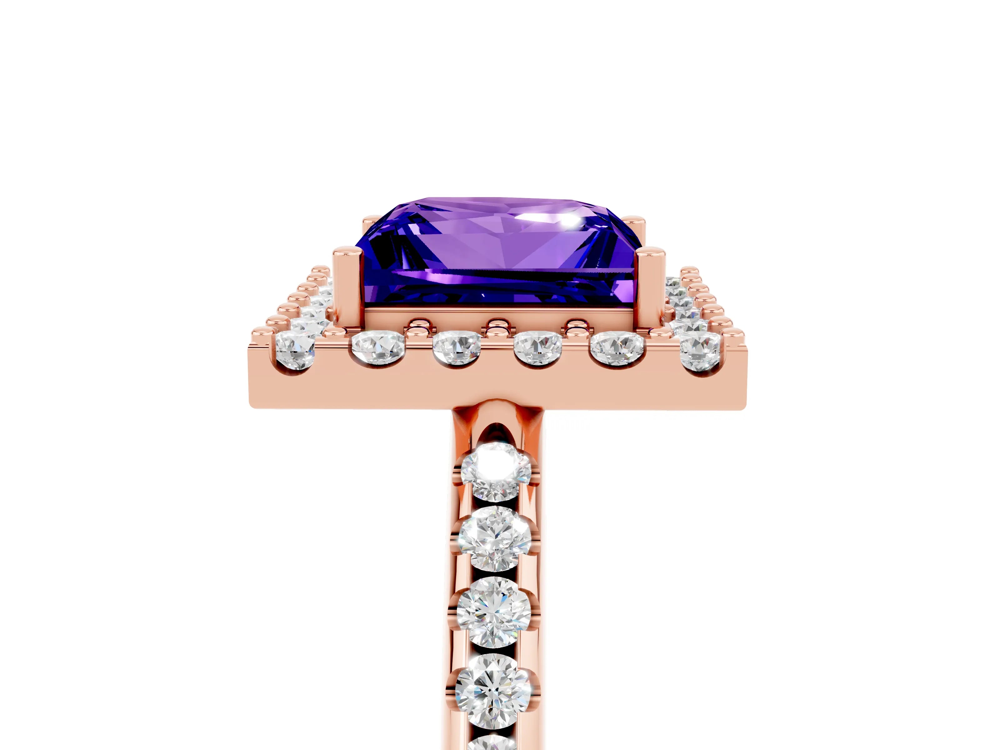 Rose gold Princess Cut Tanzanite Pavé Halo Ring with Four-Prong Setting_17