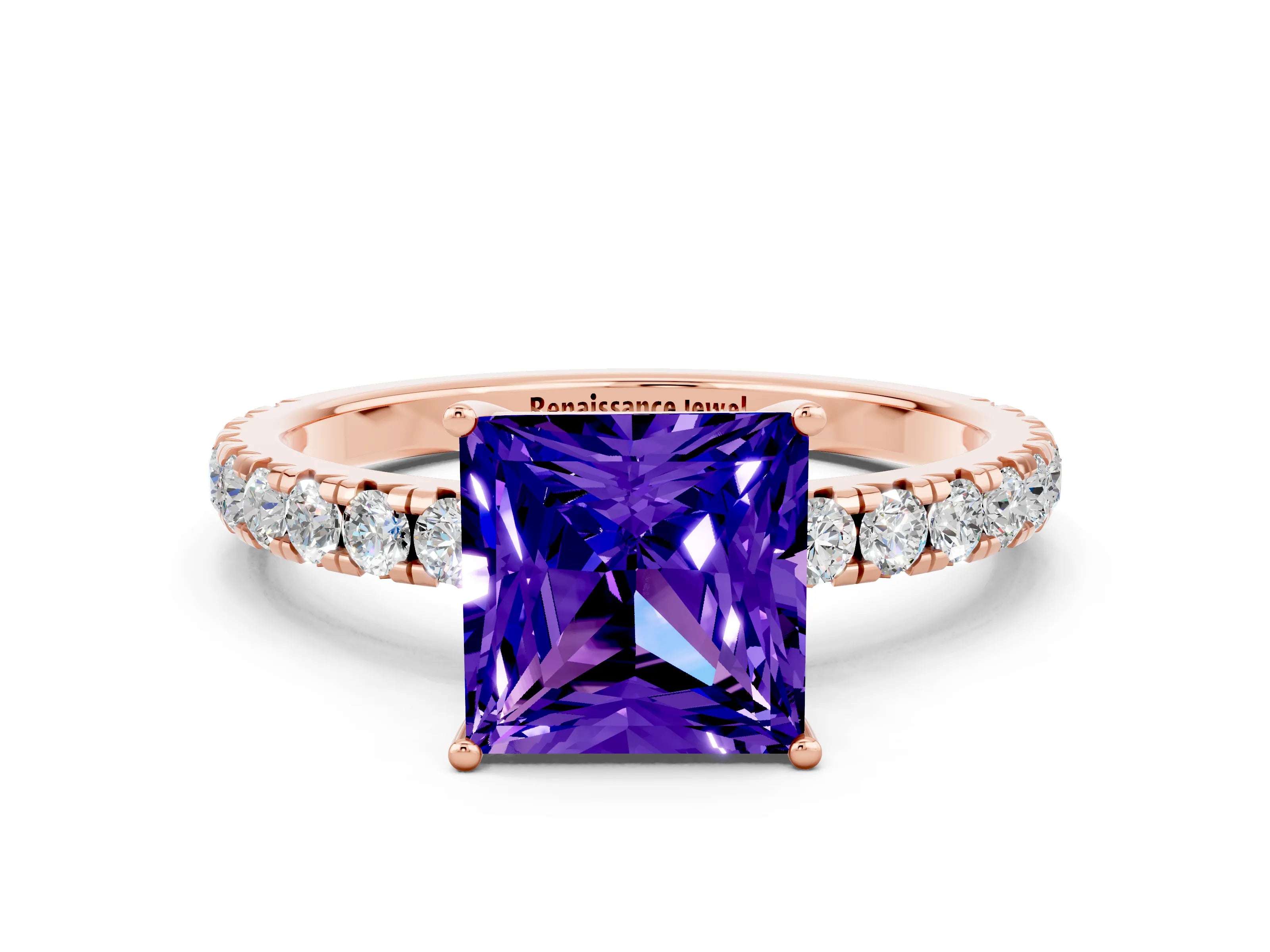 Rose gold Princess Cut Tanzanite Pavé Solitaire Engagement Ring with Four-Prong Setting_12