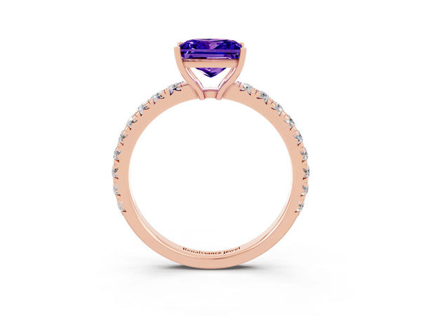 Rose gold Princess Cut Tanzanite Pavé Solitaire Engagement Ring with Four-Prong Setting