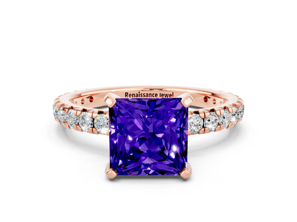 Rose gold Princess Cut Tanzanite Pavé Solitaire Ring with Round Band and Prong Setting