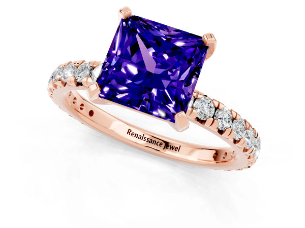 Rose gold Princess Cut Tanzanite Pavé Solitaire Ring with Round Band and Prong Setting