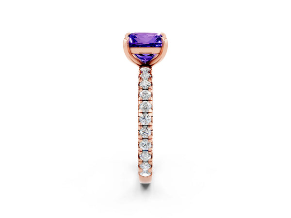 Rose gold Princess Cut Tanzanite Pavé Solitaire Ring with Round Band and Prong Setting