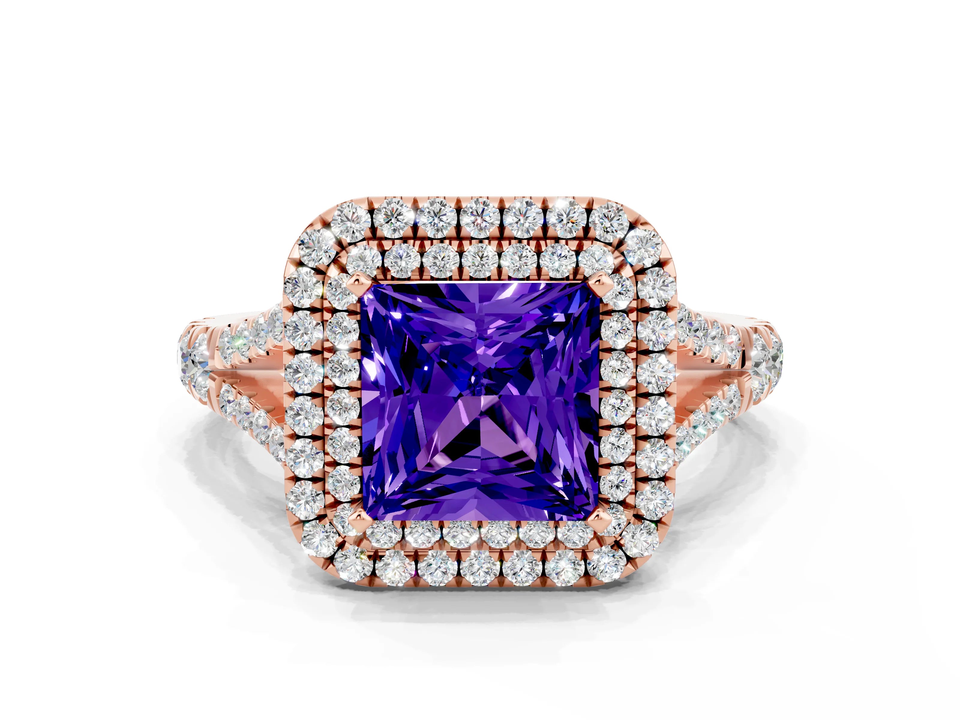 Rose gold Princess Cut Tanzanite Pavé Split Shank Double Halo Engagement Ring