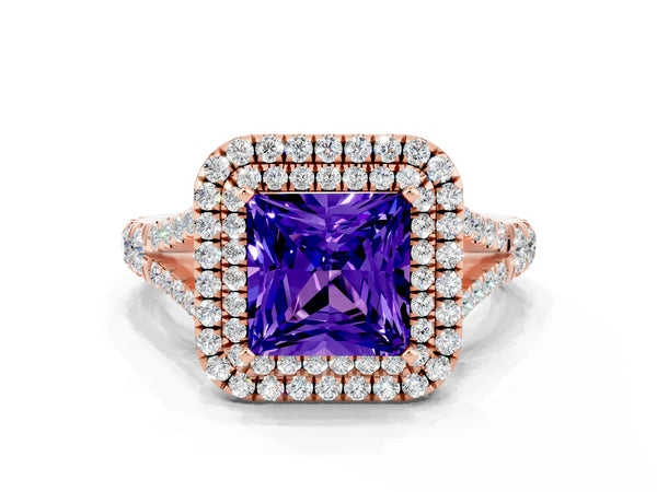 Rose gold Princess Cut Tanzanite Pavé Split Shank Double Halo Engagement Ring