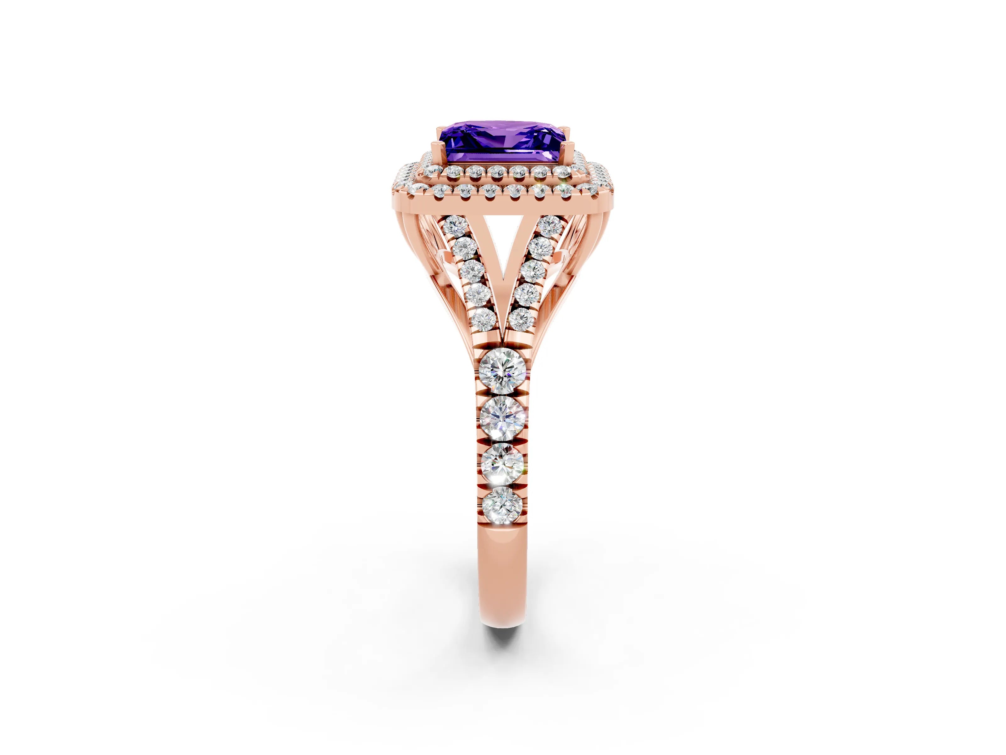 Rose gold Princess Cut Tanzanite Pavé Split Shank Double Halo Engagement Ring_2
