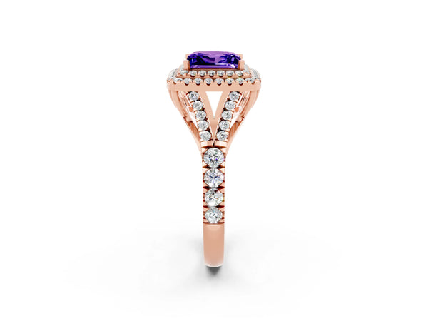 Rose gold Princess Cut Tanzanite Pavé Split Shank Double Halo Engagement Ring
