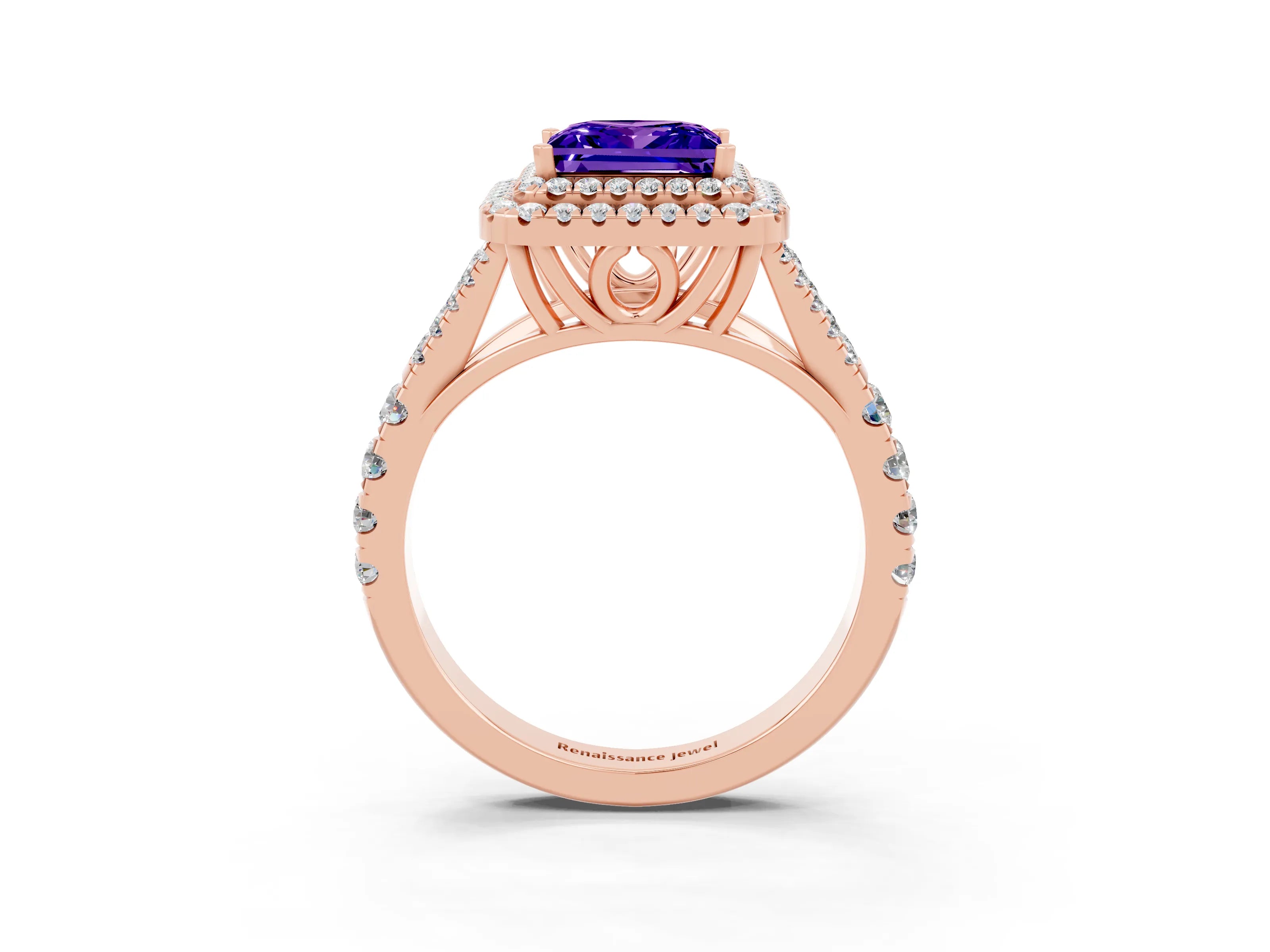 Rose gold Princess Cut Tanzanite Pavé Split Shank Double Halo Engagement Ring_3