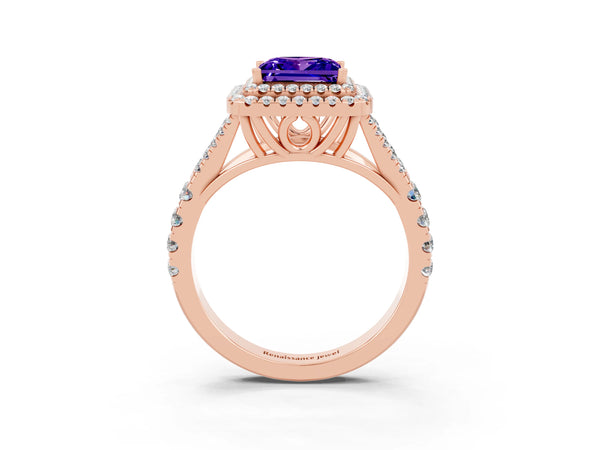 Rose gold Princess Cut Tanzanite Pavé Split Shank Double Halo Engagement Ring