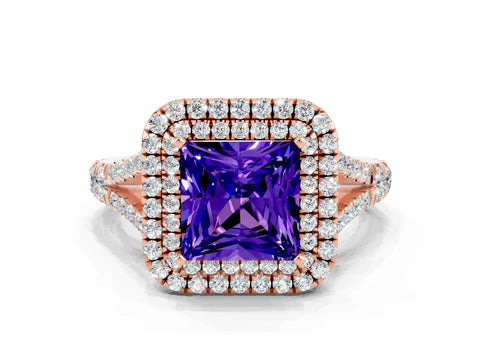 Rose gold Princess Cut Tanzanite Pavé Split Shank Double Halo Engagement Ring