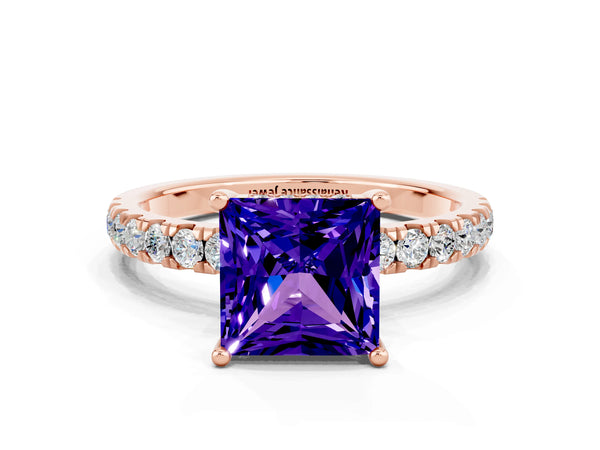 Rose gold Princess Cut Tanzanite Pave Band Solitaire Ring with Round  and Prong Setting