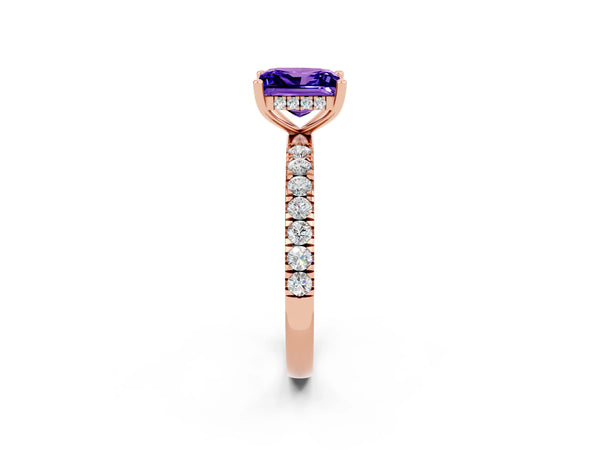 Rose gold Princess Cut Tanzanite Pave Band Solitaire Ring with Round  and Prong Setting