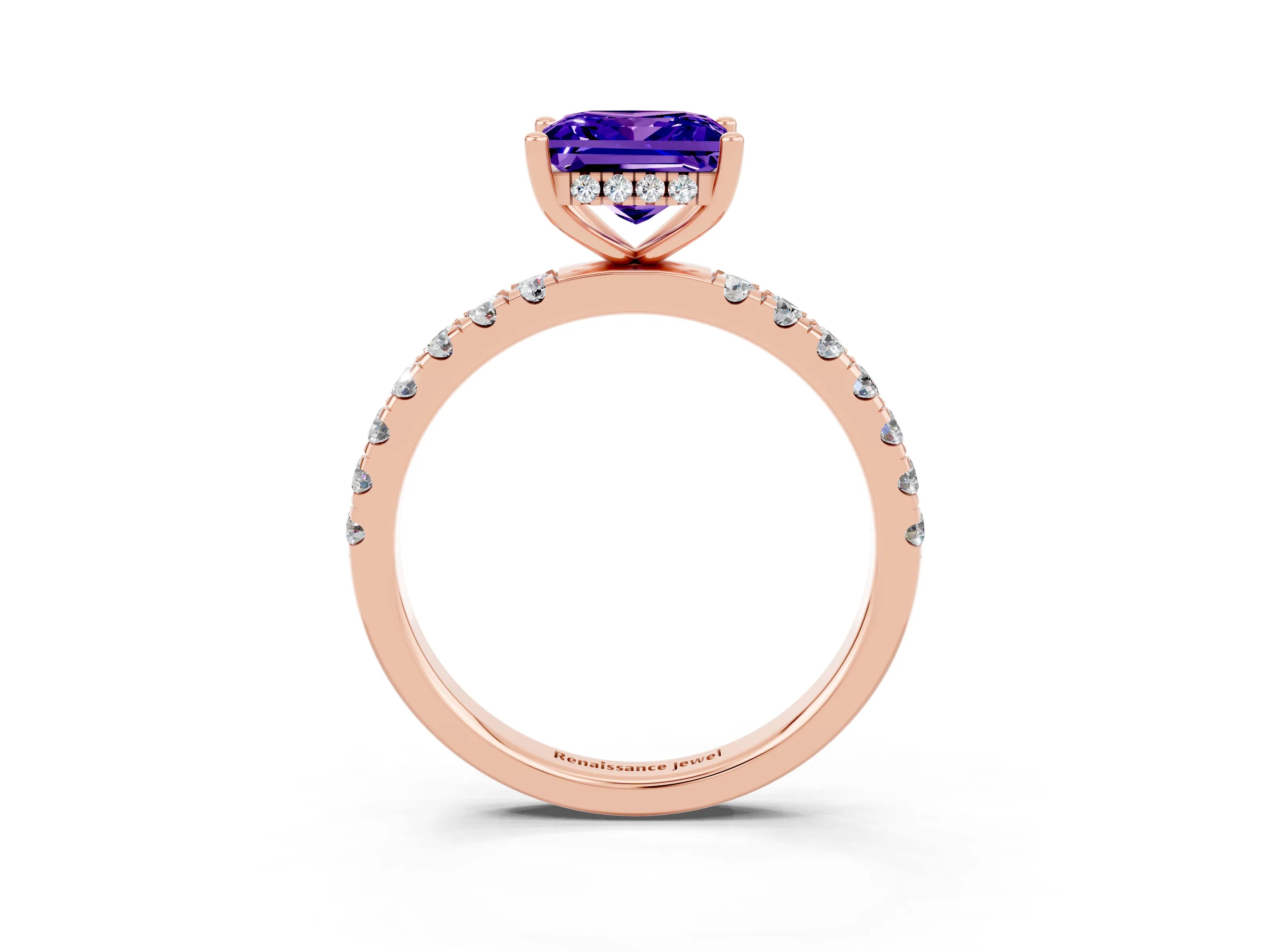 Rose gold Princess Cut Tanzanite Pave Band Solitaire Ring with Four-Prong Setting_27
