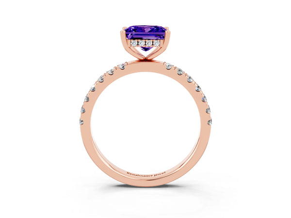 Rose gold Princess Cut Tanzanite Pave Band Solitaire Ring with Round  and Prong Setting