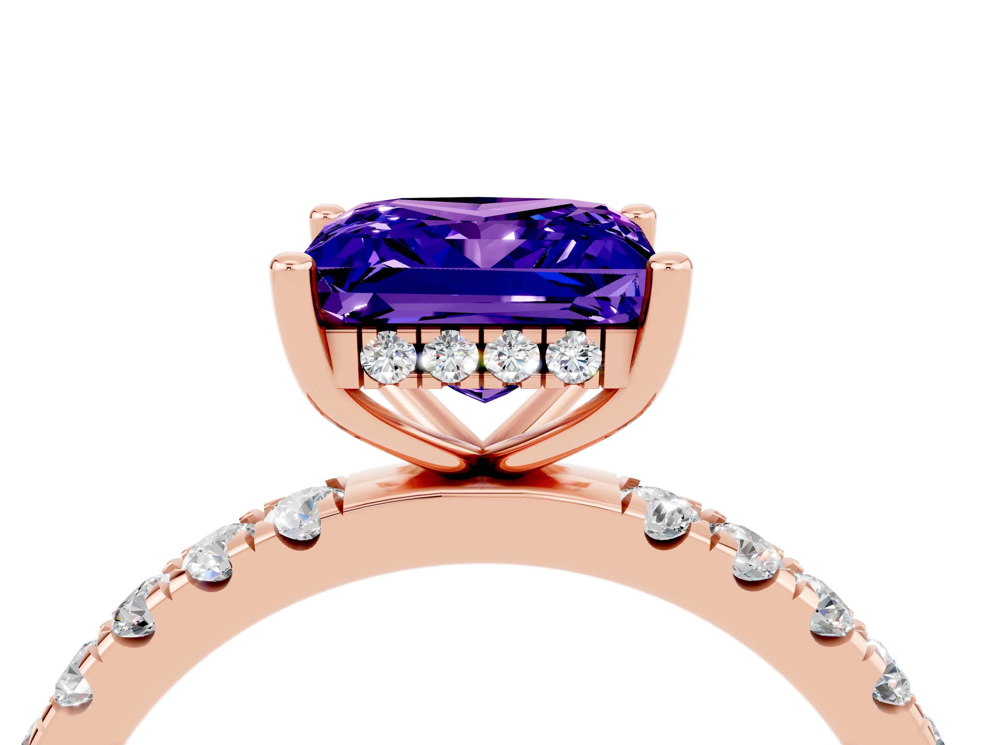 Rose gold Princess Cut Tanzanite Pave Band Solitaire Ring with Four-Prong Setting_28