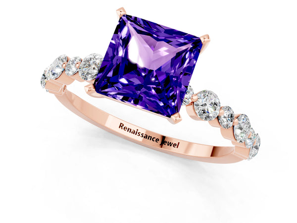 Rose gold Princess Cut Tanzanite Prong Set Engagement Ring with Pavé Band