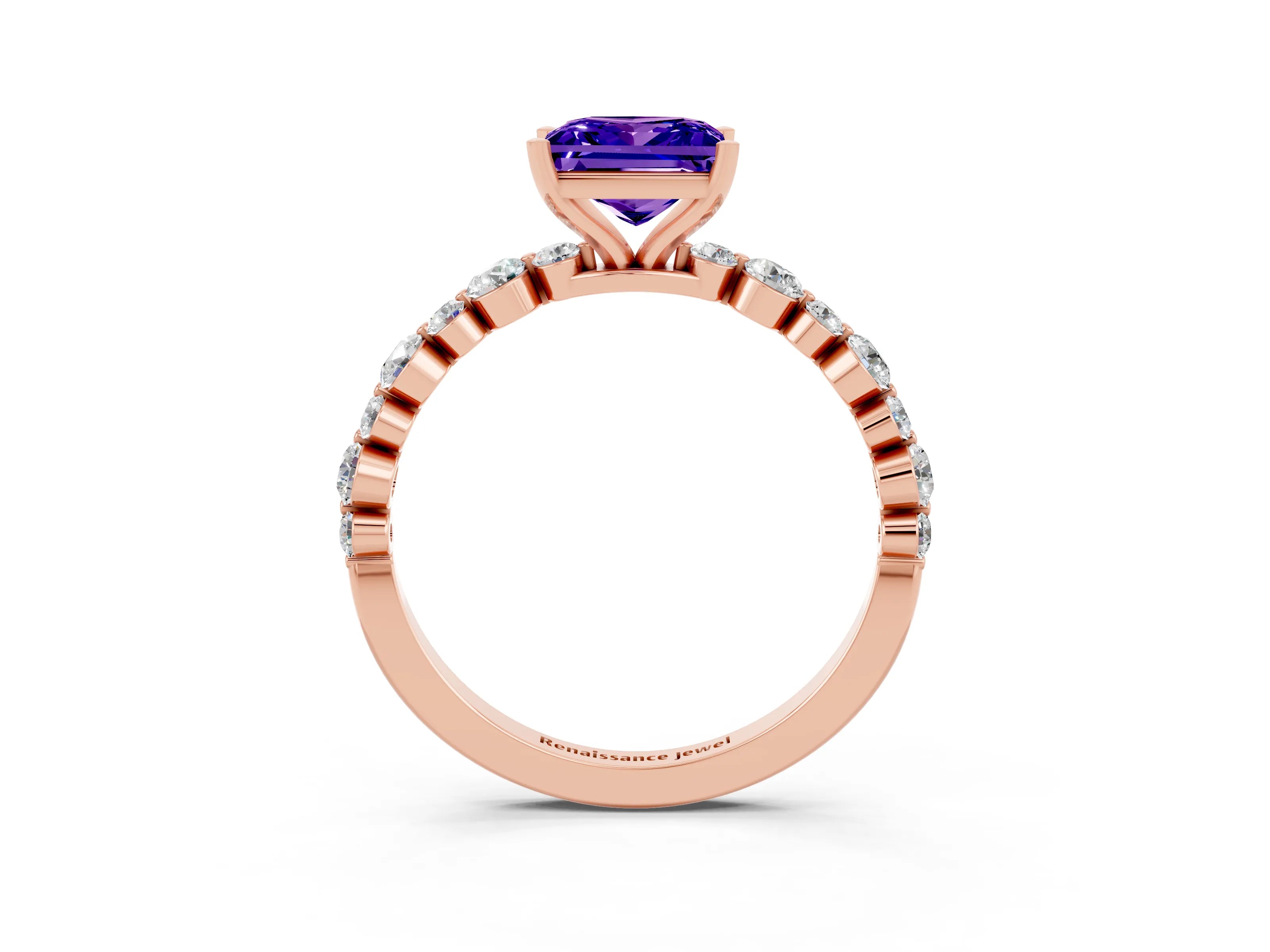Rose gold Princess Cut Tanzanite Prong Set Engagement Ring with Pavé Band_3