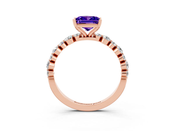 Rose gold Princess Cut Tanzanite Prong Set Engagement Ring with Pavé Band