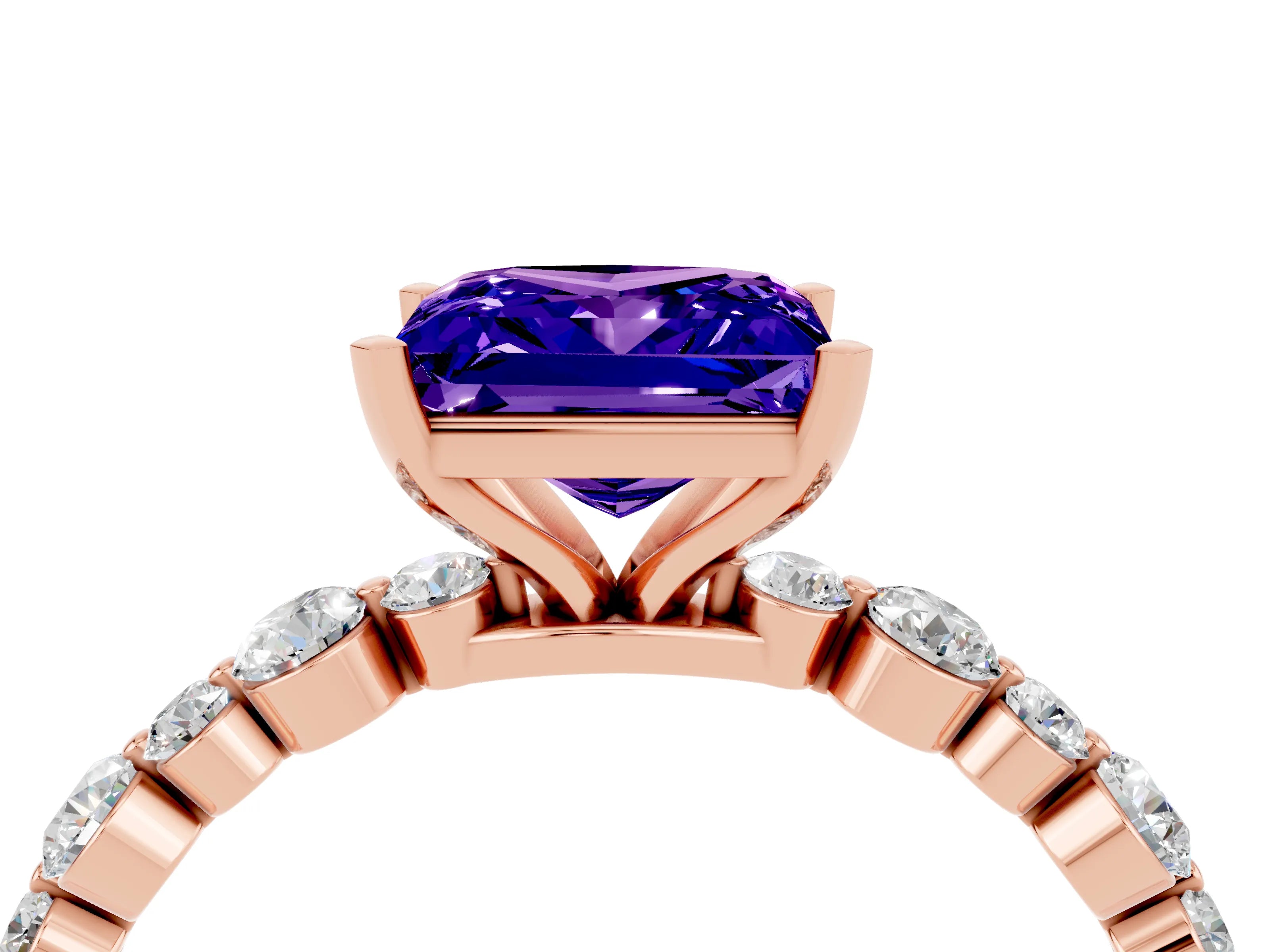 Rose gold Princess Cut Tanzanite Prong Set Engagement Ring with Pavé Band_4