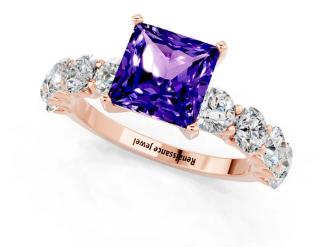 Rose gold Princess Cut Tanzanite Prong Setting with Side Stones on a Pave Band_1