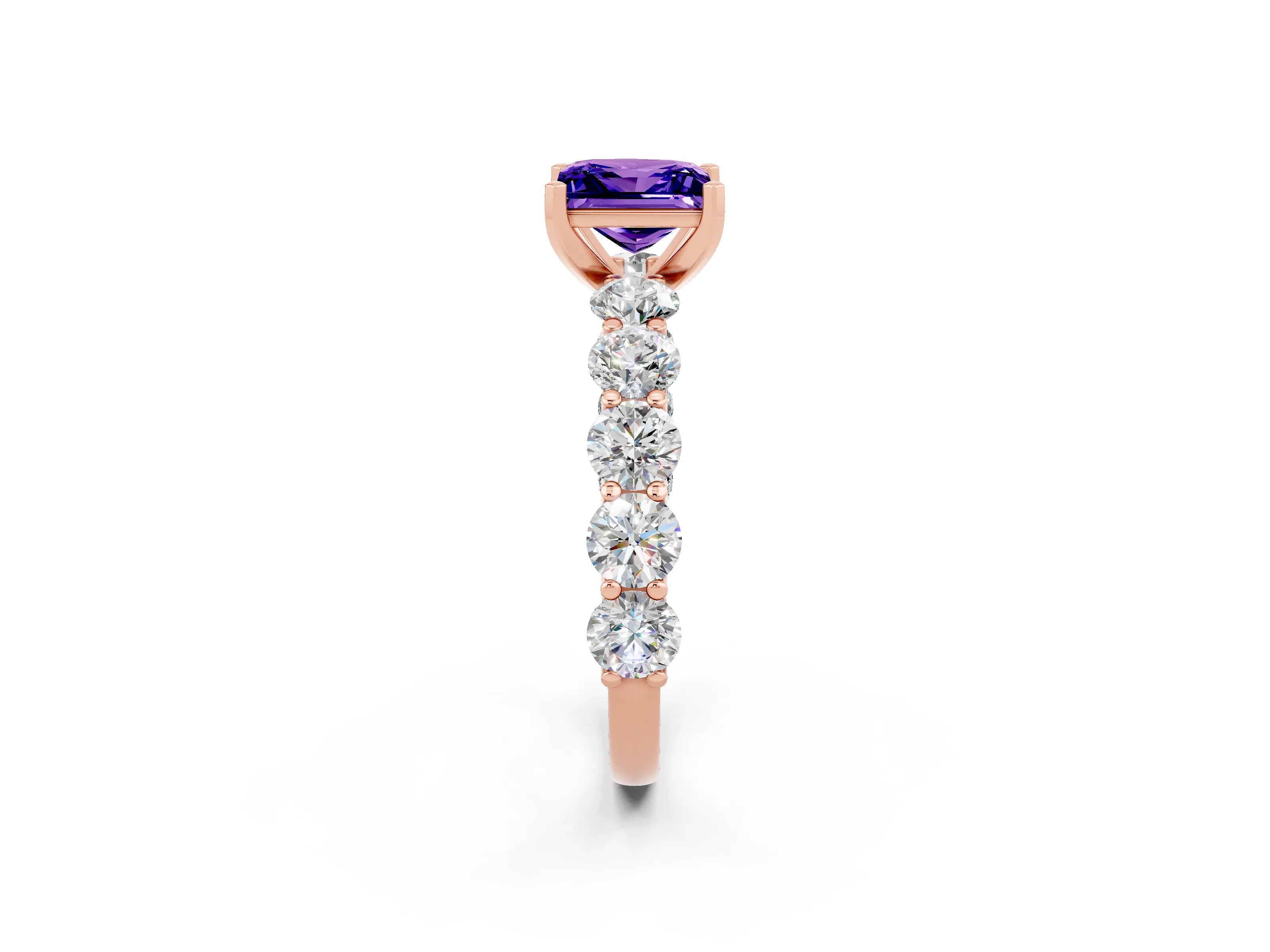 Rose gold Princess Cut Tanzanite Prong Setting with Side Stones on a Pave Band_2