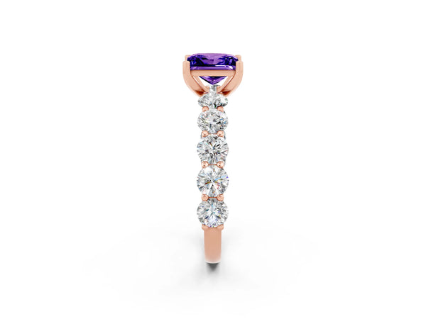 Rose gold Princess Cut Tanzanite Prong Setting with Side Stones on a Pave Band