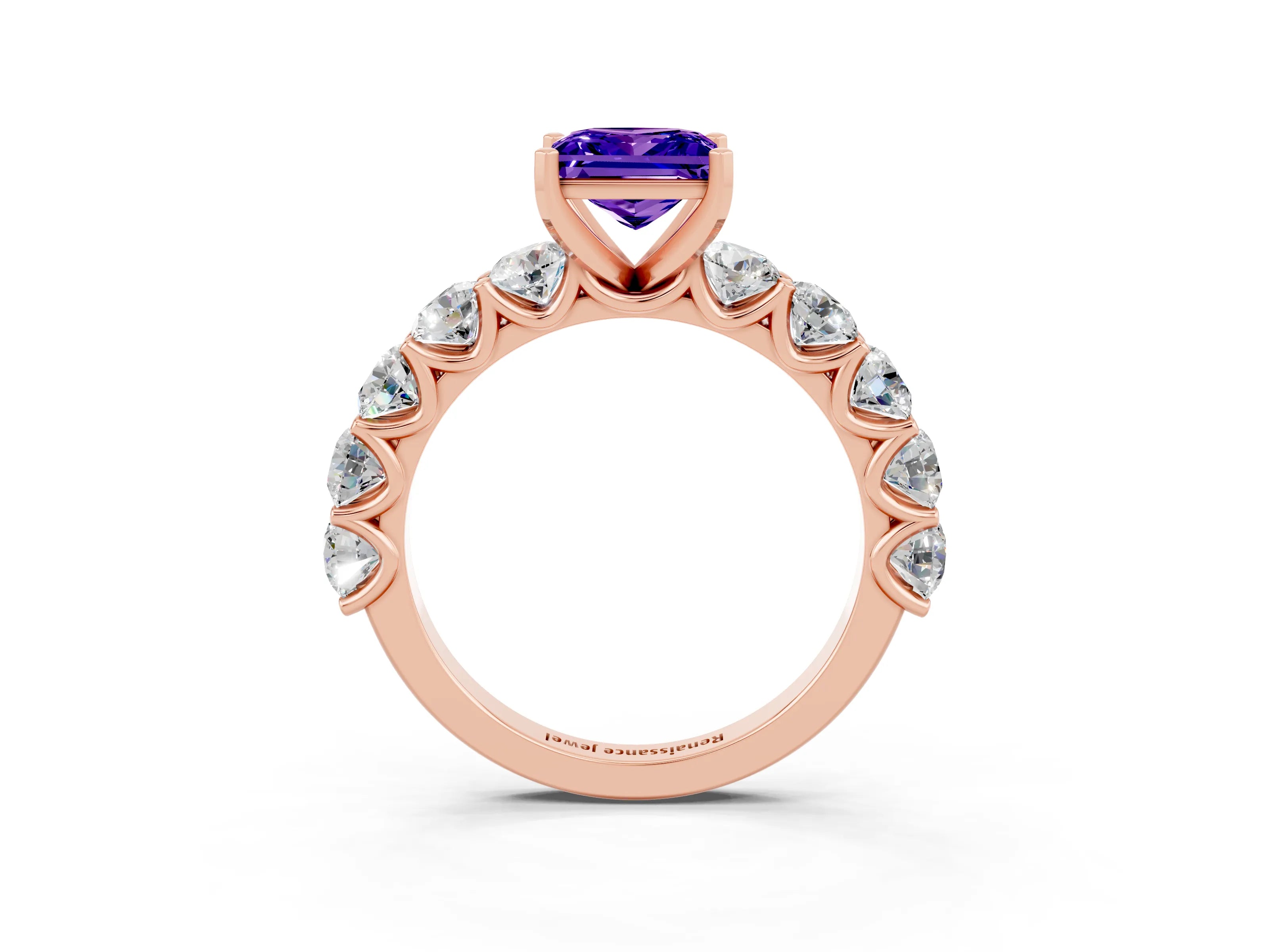 Rose gold Princess Cut Tanzanite Prong Setting with Side Stones on a Pave Band_3