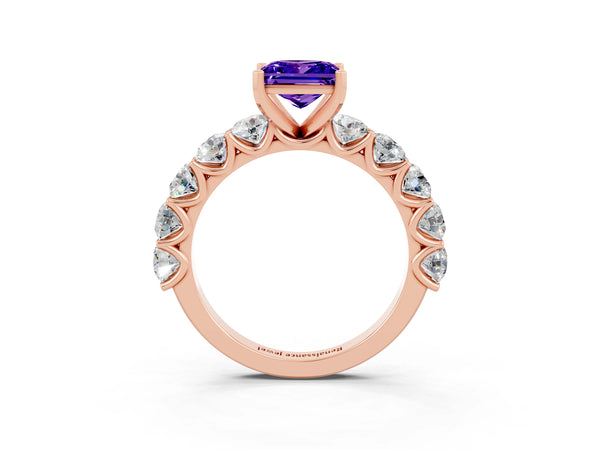 Rose gold Princess Cut Tanzanite Prong Setting with Side Stones on a Pave Band