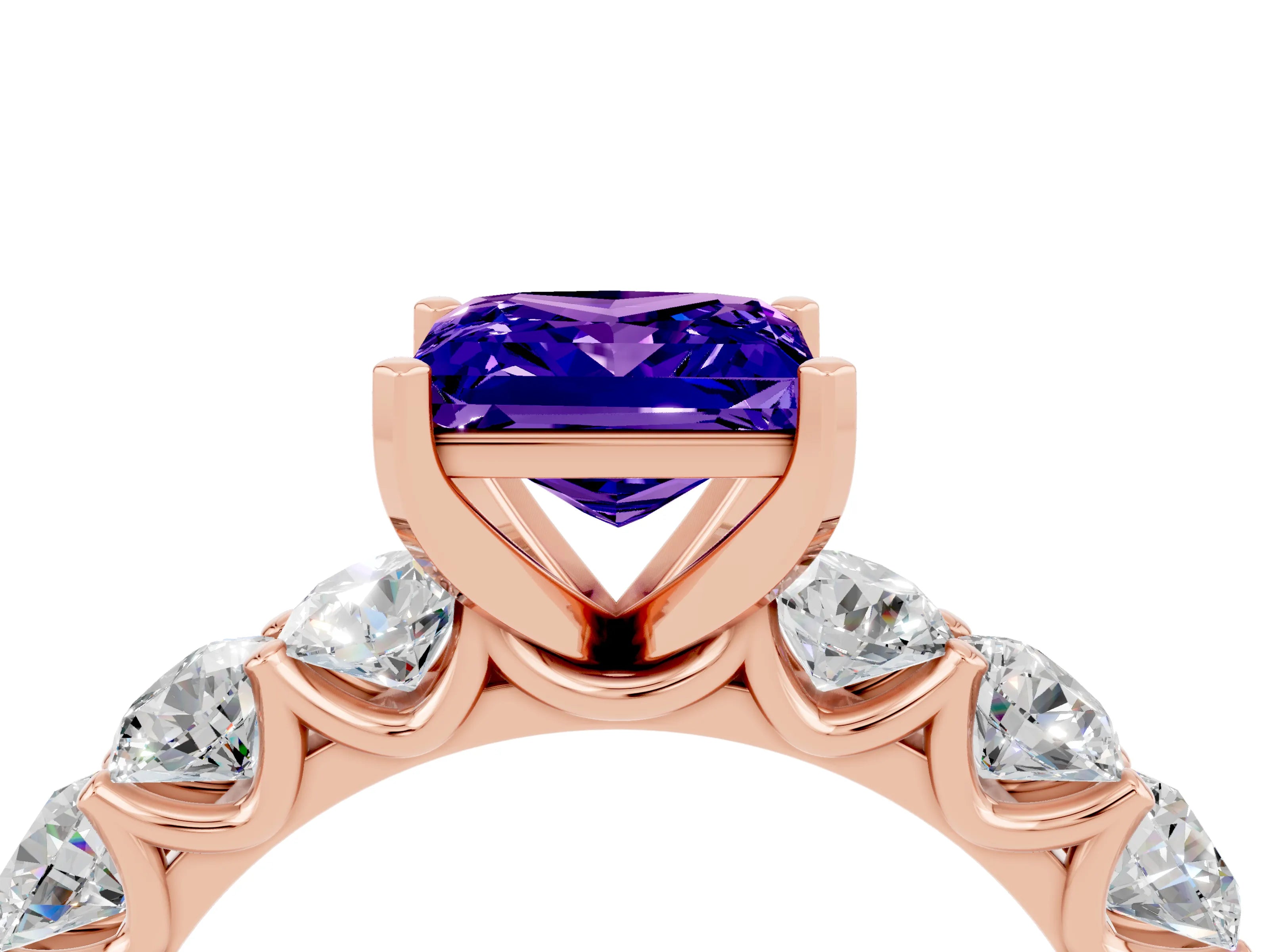 Rose gold Princess Cut Tanzanite Prong Setting with Side Stones on a Pave Band_4