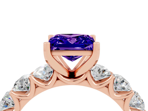 Rose gold Princess Cut Tanzanite Prong Setting with Side Stones on a Pave Band_4