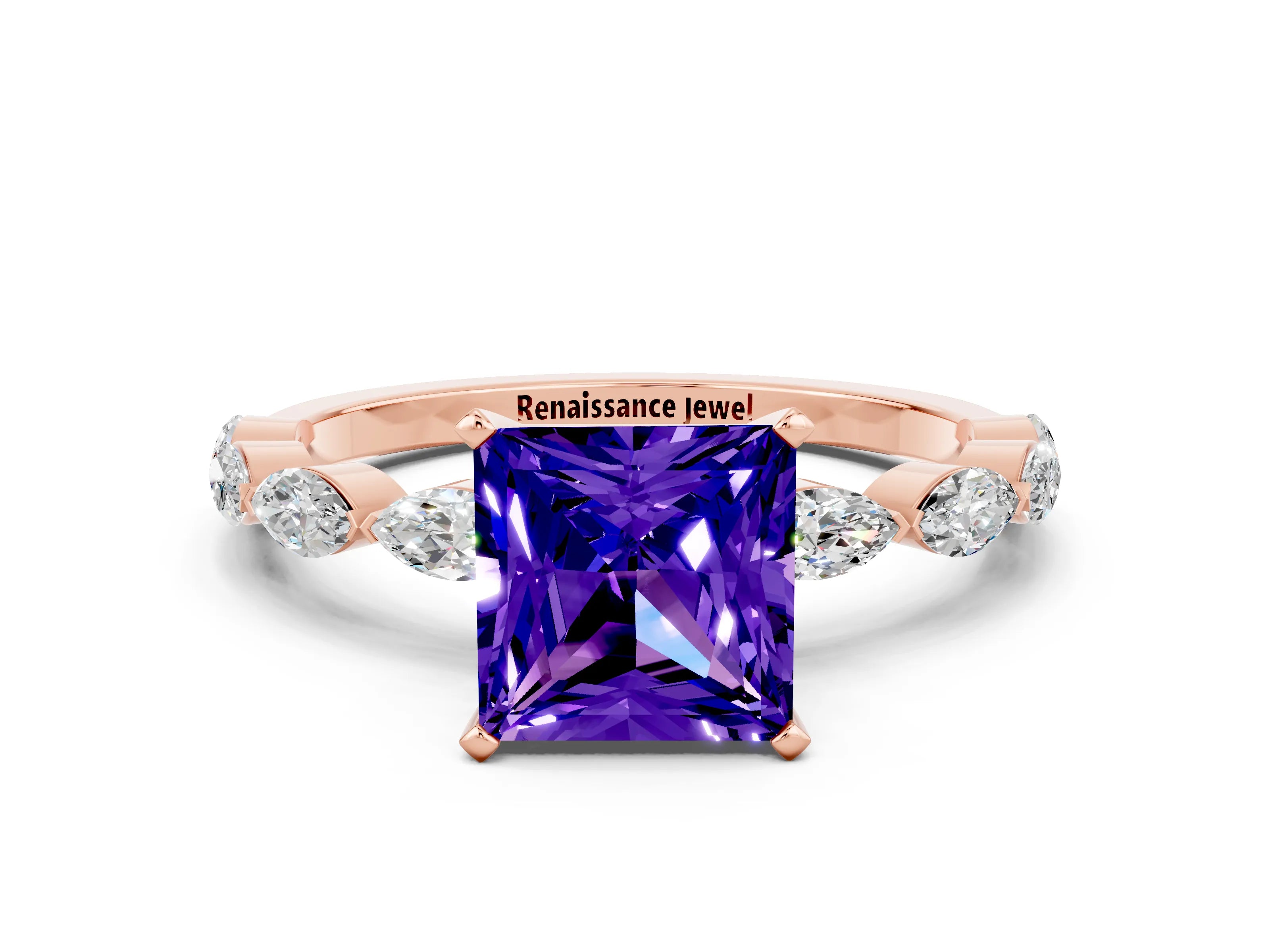 Rose gold Princess Cut Tanzanite Ring with Marquise Side Stones and Prong Setting