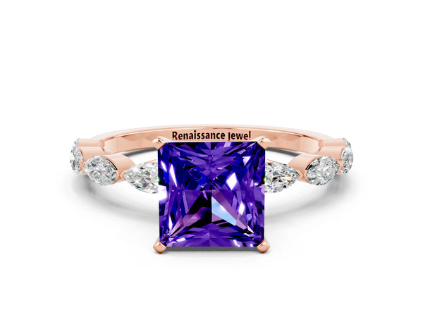 Rose gold Princess Cut Tanzanite Ring with Marquise Side Stones and Prong Setting