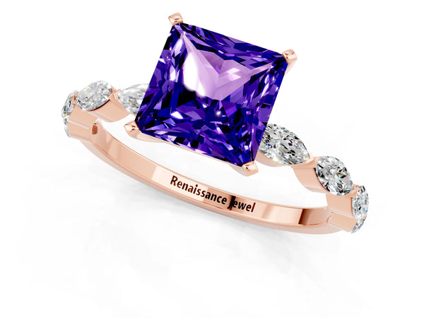Rose gold Princess Cut Tanzanite Ring with Marquise Side Stones and Prong Setting