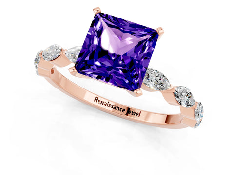 Rose gold Princess Cut Tanzanite Ring with Marquise Side Stones and Prong Setting_1