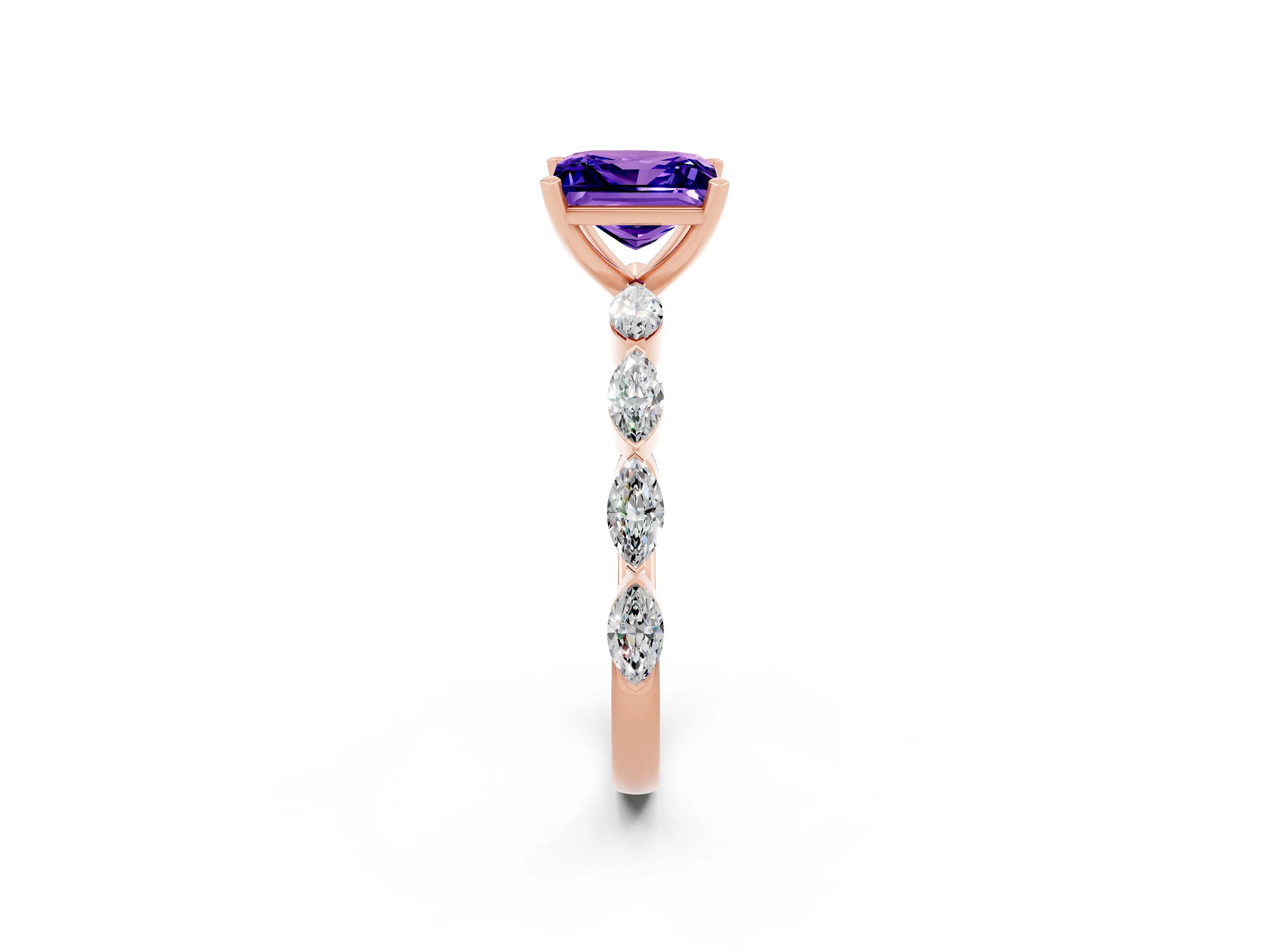Rose gold Princess Cut Tanzanite Ring with Marquise Side Stones and Prong Setting_2