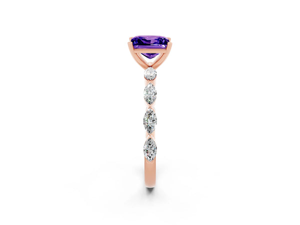 Rose gold Princess Cut Tanzanite Ring with Marquise Side Stones and Prong Setting
