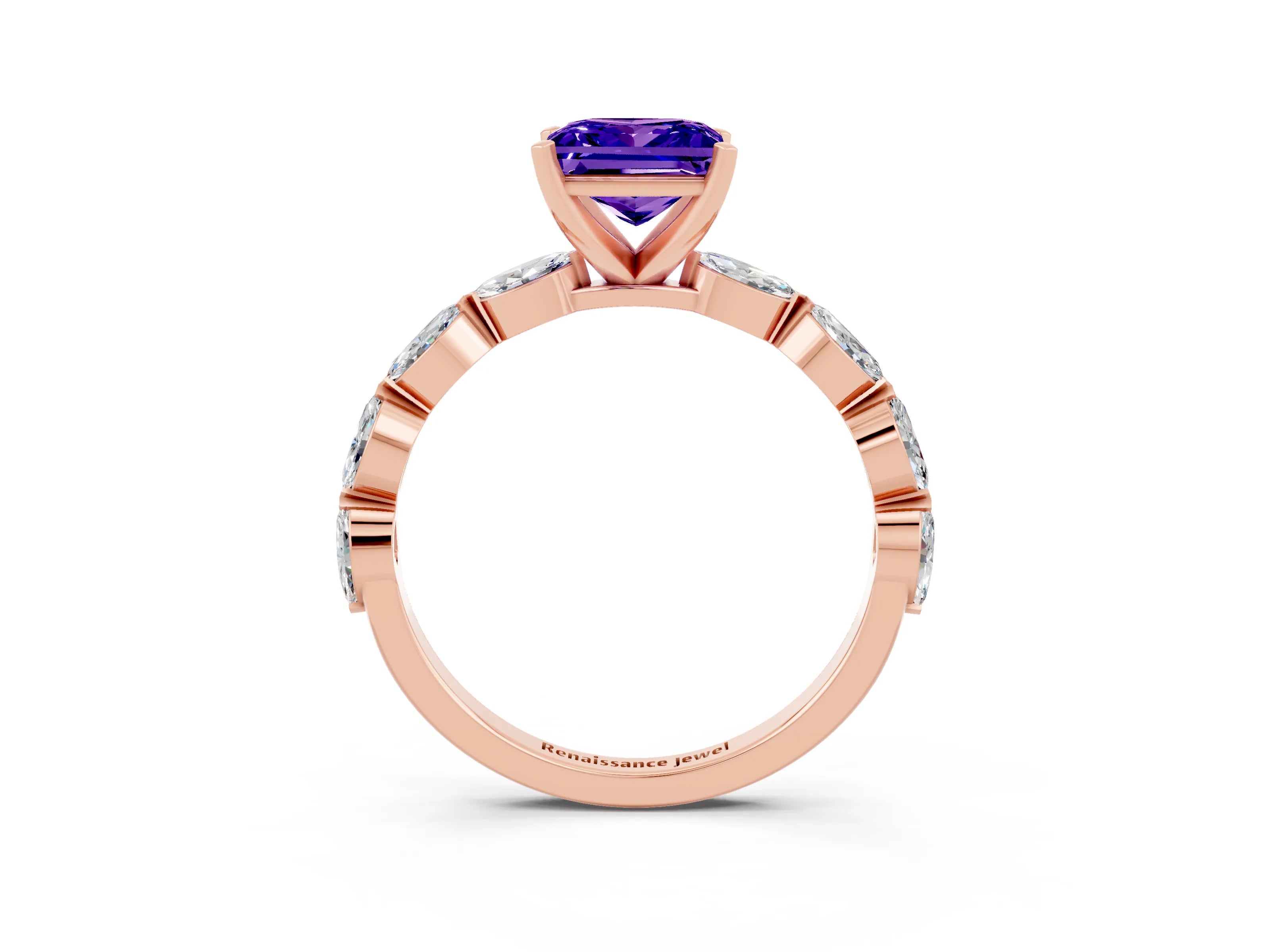 Rose gold Princess Cut Tanzanite Ring with Marquise Side Stones and Prong Setting_3