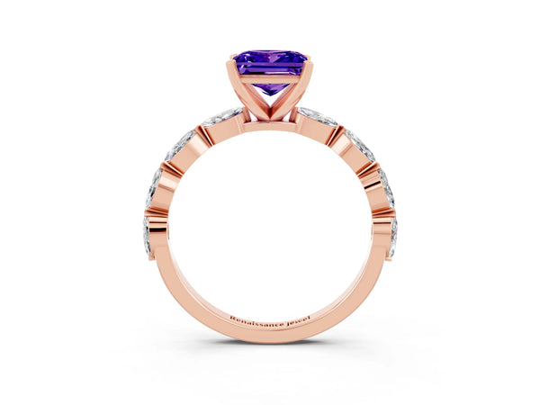 Rose gold Princess Cut Tanzanite Ring with Marquise Side Stones and Prong Setting
