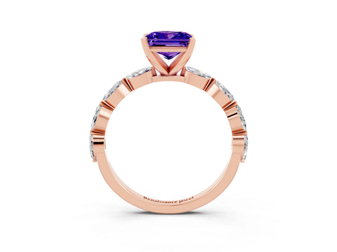Rose gold Princess Cut Tanzanite Ring with Marquise Side Stones and Prong Setting_3