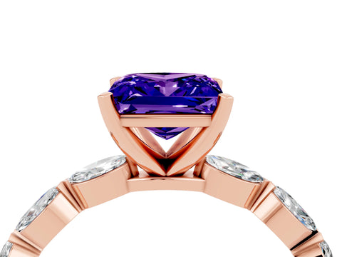 Rose gold Princess Cut Tanzanite Ring with Marquise Side Stones and Prong Setting_4