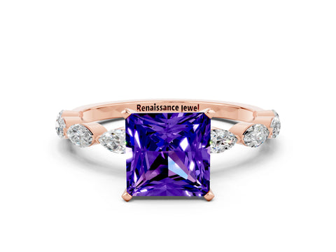 Rose gold Princess Cut Tanzanite Ring with Marquise Side Stones and Prong Setting