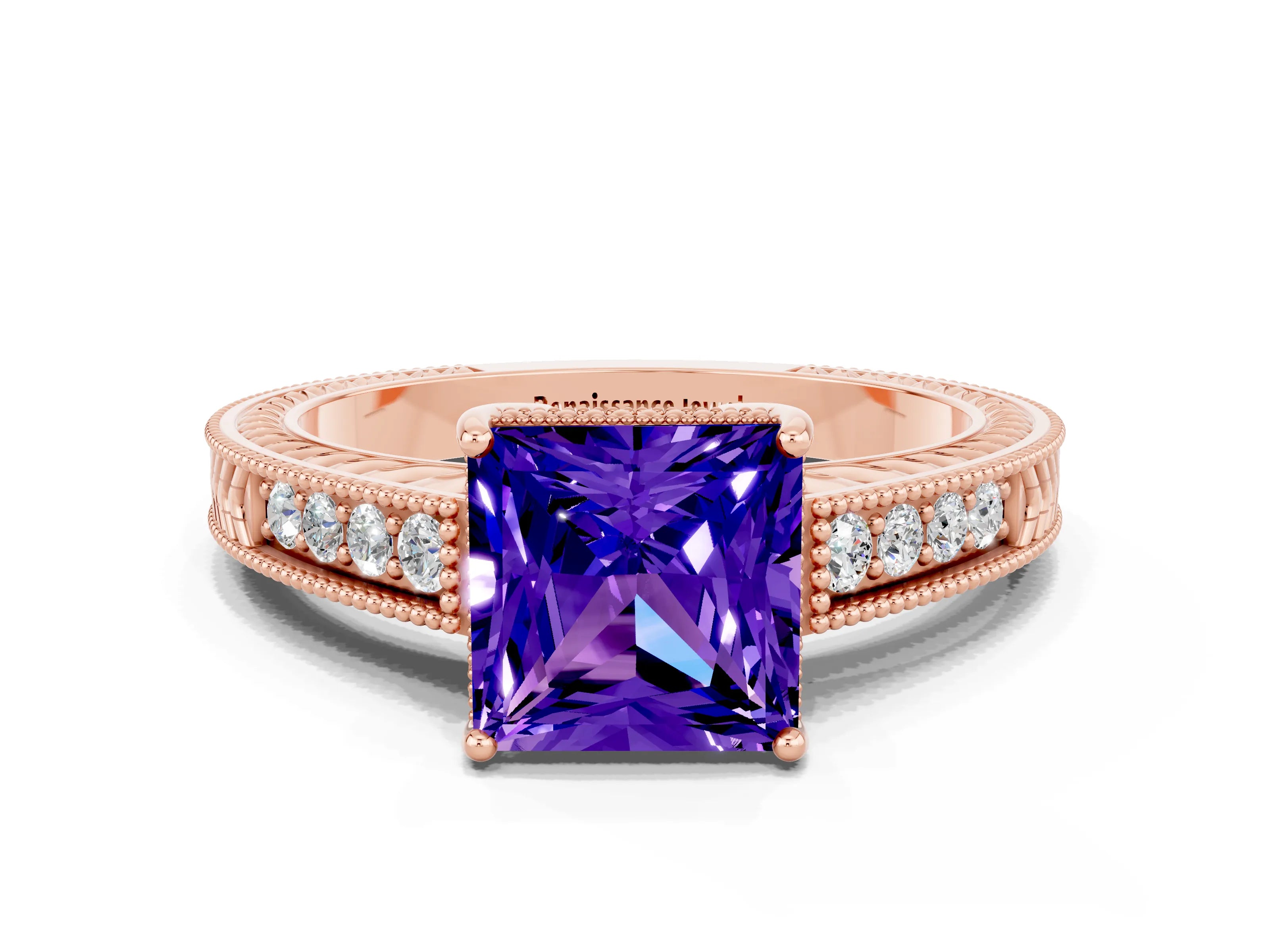 Rose gold Princess Cut Tanzanite Ring with Milgrain Pavé Band and Four-Prong Setting_12