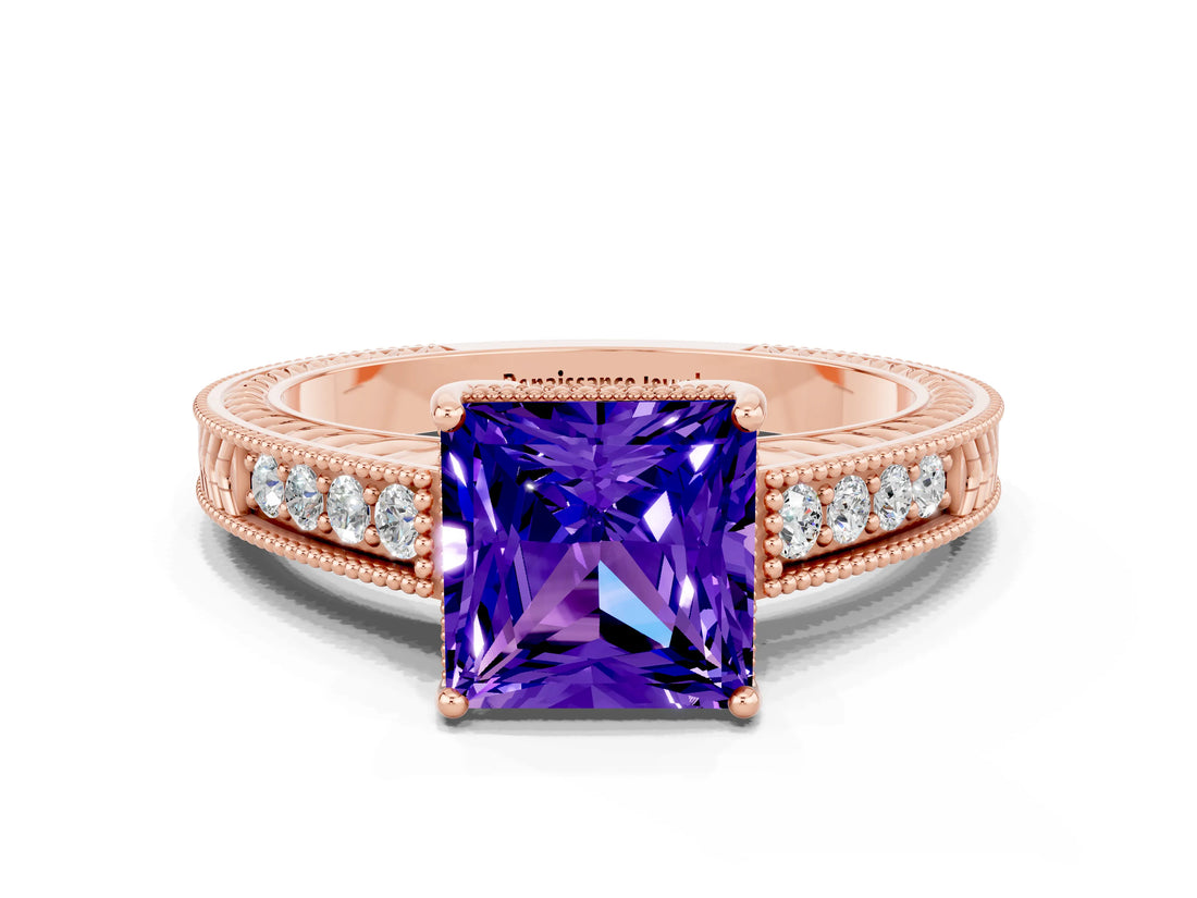 Rose gold Princess Cut Tanzanite Ring with Milgrain Pavé Band and Four-Prong Setting_12