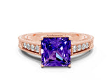 Rose gold Princess Cut Tanzanite Ring with Milgrain Pavé Band and Four-Prong Setting_12